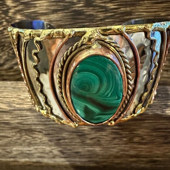 Handcrafted 2in Wide Cuff Bracelet, Malachite Green Stone, Mixed Metals, Adjust - Picture 3 of 10